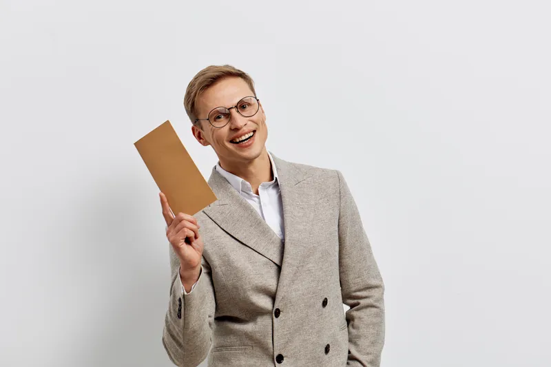 Smiling woman in gray checked blazer holding blank cardboard sign, looking at camera, enthusiastic expression, professional style, studio background, positive mood, concept of communication and advert