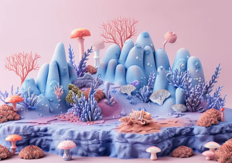 Причудливая 3D-иллюстрация ярких коралловых рифов, красочных грибов и морских существ на нежном розовом фоне