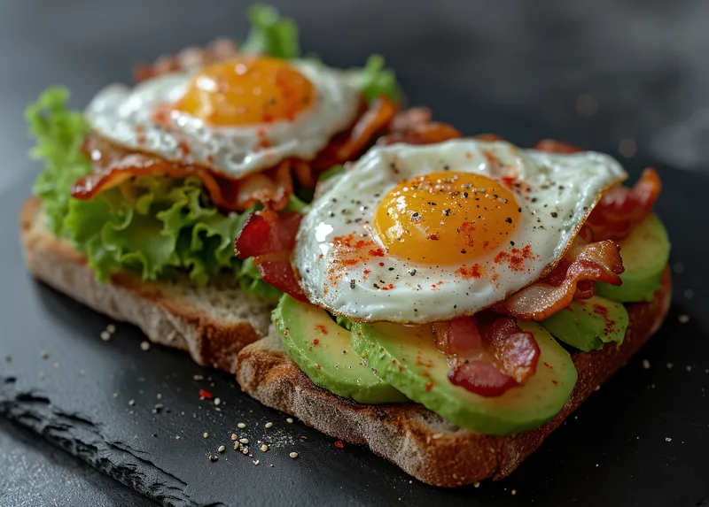 Свежий и вкусный завтрак: зеленый тост с авокадо и жареным яйцом на деревянной тарелке