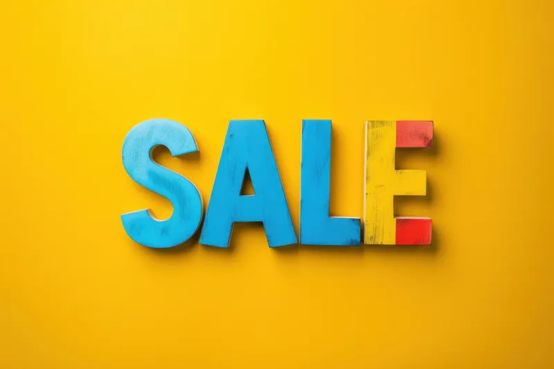 Разноцветные пластиковые буквы, составляющие слово SALE, на желтом фоне, 3D-концепция