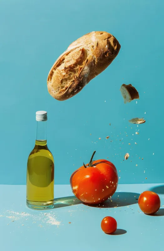 Динамичная композиция кулинарных элементов, включающая буханку хлеба, свежие помидоры и бутылку оливкового масла, иллюстрирующая суть здорового приготовления пищи яркими красками
