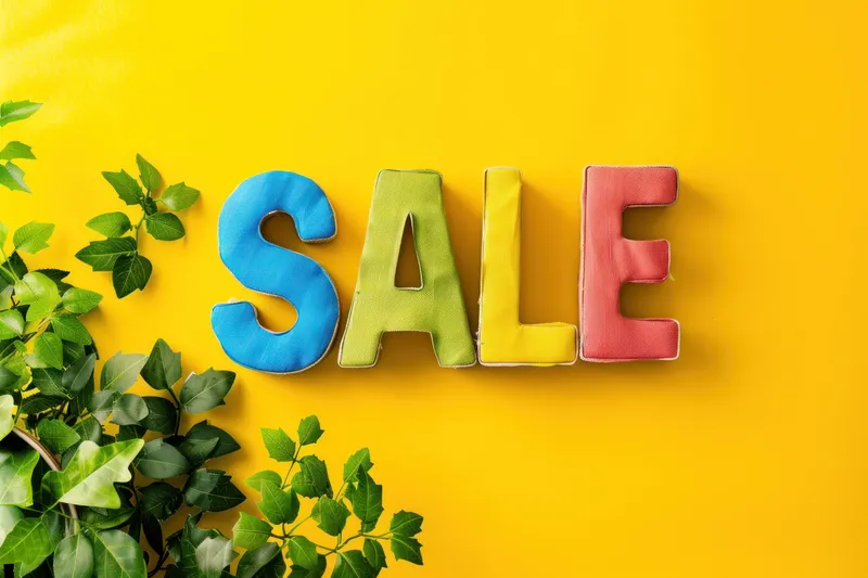 На желтом фоне вывеска sale из разноцветных пластиковых букв с зелеными листьями