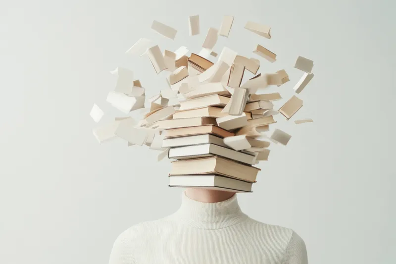 Концептуальное изображение фигуры с головой в виде стопки книг, олицетворяющее интеллект и стремление к знаниям, на чистом фоне с мягкими тонами