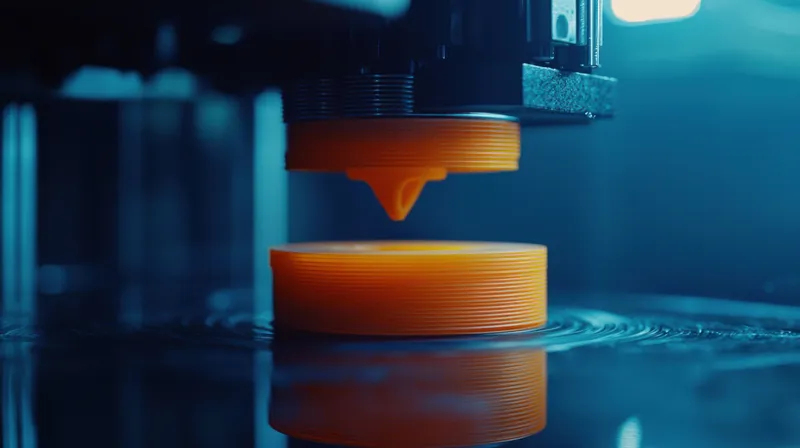 Детальный вид 3D-принтера, работающего с ярко-оранжевым филаментом, иллюстрирующий инновации, креативность и инженерную мысль, лежащую в основе процессов аддитивного производства