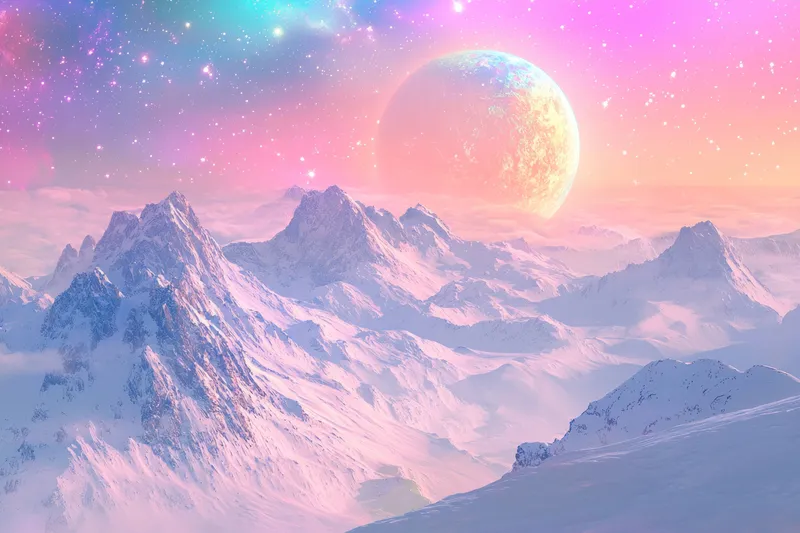 Зачаровывающий горный пейзаж в мягких розовых и голубых тонах со светящимся небесным телом, озаряющим небо