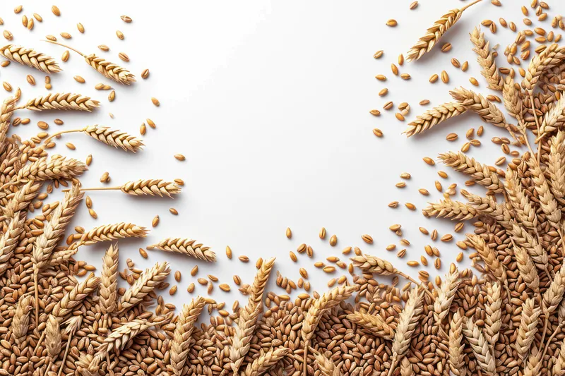 Золотой урожай: множество спелых зерен пшеницы на белом фоне