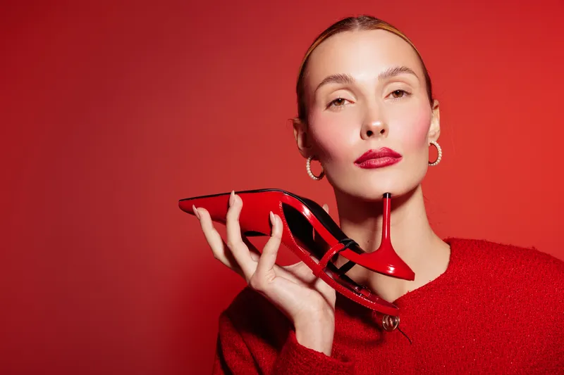 Stylish woman in red sweater holds red high heel shoe near face against red background. Fashion concept with bold makeup and confident expression in studio lighting.