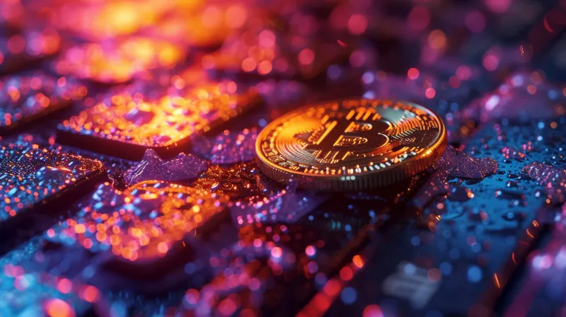 Крупный план криптовалюты Bitcoin на клавиатуре компьютера с падающими на нее каплями воды