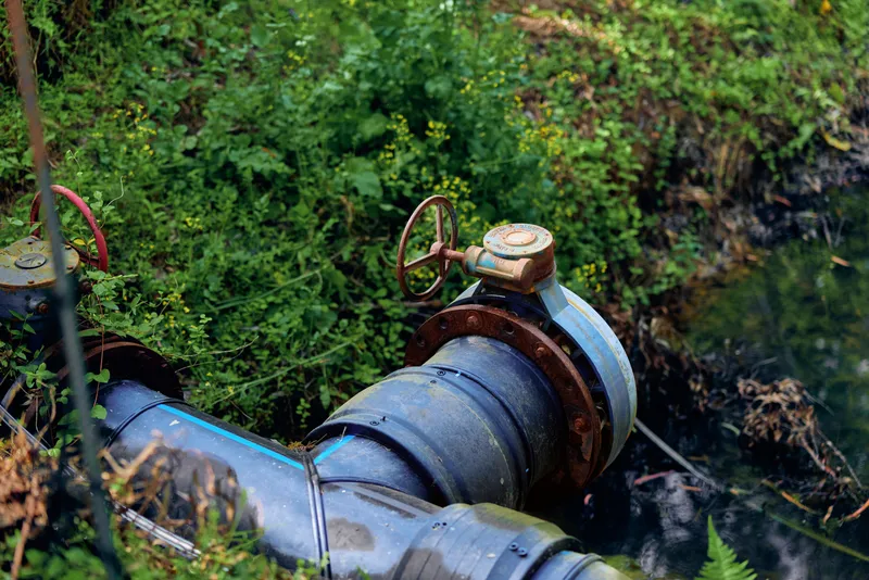 Pipe valve rust water grass moss industrial outdoor scene with corroded metal flange and wet connection in marshy area, maintenance and irrigation or drainage infrastructure showing weathered detail