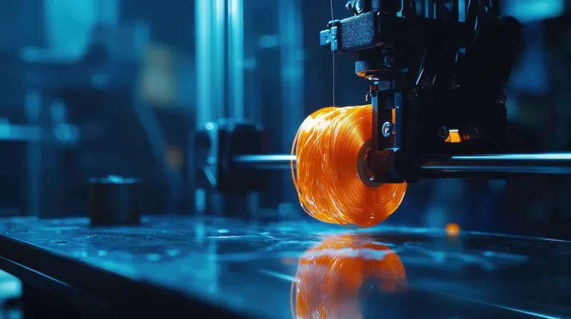 Это изображение запечатлевает детальный вид 3D-принтера в действии, из которого выдавливается светящаяся оранжевая нить