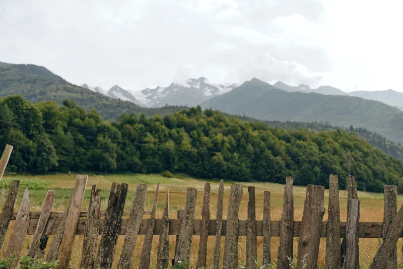 Rural landscape featuring a weathered wooden fence stretching across a green field with forested hills and distant mountains under cloudy sky, and light highlights textures in a peaceful scene