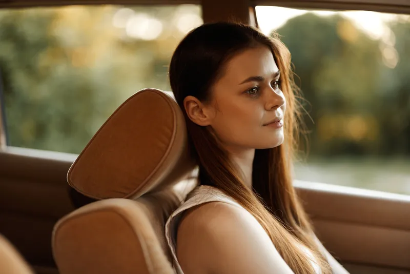 Thoughtful young woman in a car, enjoying sunset light, reflecting on life, with natural beauty and calm expression, perfect for emotional storytelling.