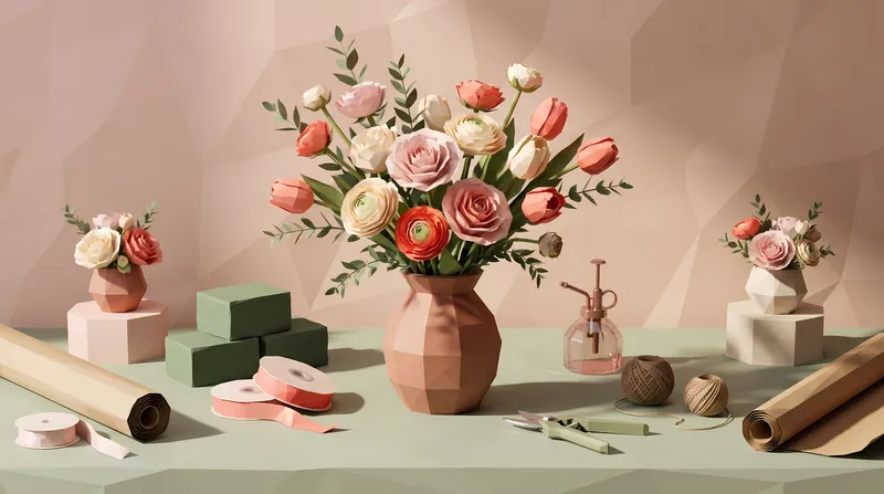 Стилизованная 3D-сцена флористической мастерской в стиле low poly с букетом, цветами, лентами, ножницами и принадлежностями, подходящая для продвижения ремесленного бизнеса или мастер-классов