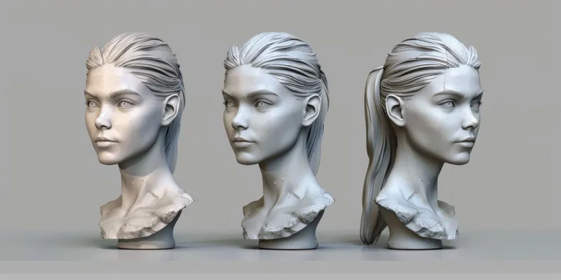 Реалистичная 3D-визуализация женского бюста с тонкими деталями волос и черт лица, представленная в трех ракурсах на однотонном фоне