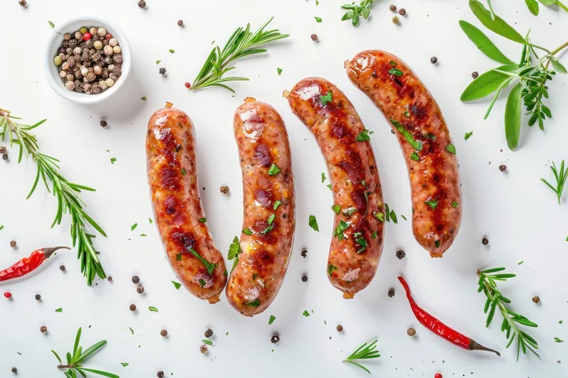 Вкусные жареные колбаски, художественно выложенные с травами и специями на чистой поверхности