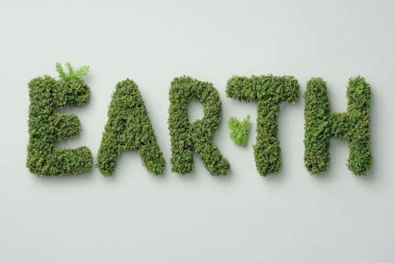Изображение демонстрирует пышный зеленый мох, выложенный в виде слова EARTH, что символизирует экологическое сознание, природу и устойчивость