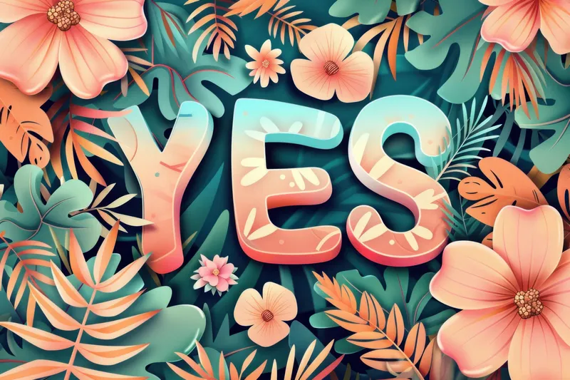 Яркая иллюстрация со словом YES в пышном саду из красочных цветов и листвы