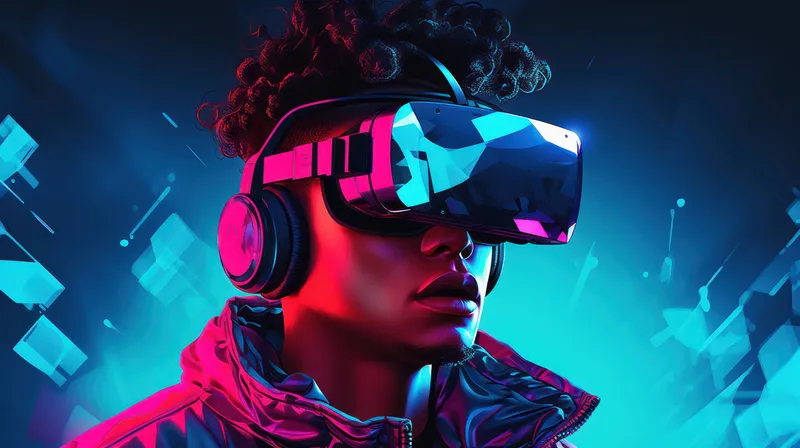 Мужчина в VR-очках, инновация, виртуальный шлем, молодой, симуляция, неон, современная реальность, визуальный гаджет, свет, игра, футуристические очки, лицо на фоне, технология, цифровое устройство