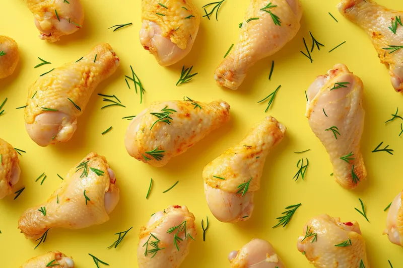 Вкусные запечённые куриные крылышки с хрустящей кожицей на ярком жёлтом фоне