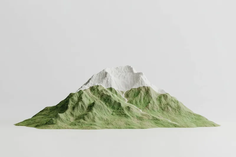 Детализированный 3D-горный пейзаж со снежными вершинами и яркой зеленью
