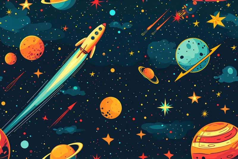 Космические приключения: мультяшная ракета, летящая сквозь красочный узор вселенной с милым астронавтом и планетами в бесшовной рисованной иллюстрации на фоне синего ночного неба