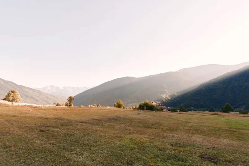 Meadow valley mountains grass landscape and rolling hills under soft morning light. Wide open field with distant treeline, serene countryside scene for nature, outdoor and pastoral calm.