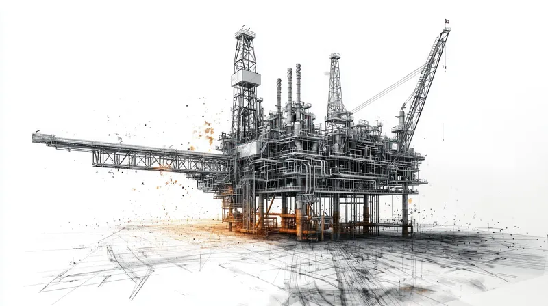 Современная иллюстрация нефтяной вышки с детальными линиями и минималистичной цветовой палитрой, олицетворяющая энергию, инновации и нефтяную промышленность