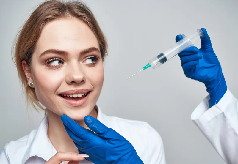 Пациентка улыбается, а в руках врача находится шприц для инъекций ботокса