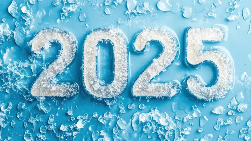 Ледяное изображение года 2025 с морозными цифрами на мерцающем синем фоне, идеально подходящее для новогодних праздников и зимних тем