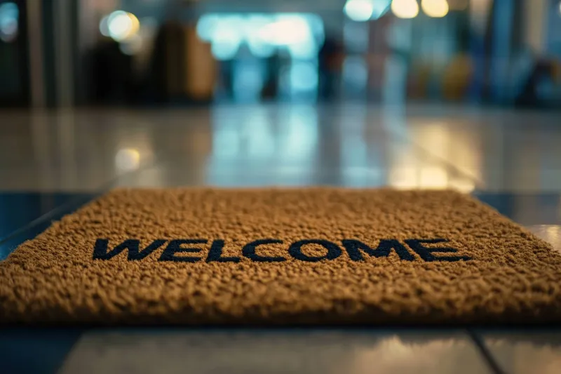 Теплый и приветливый придверный коврик с четко выделяющимся словом WELCOME