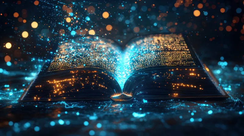Красиво иллюстрированная книга с искрящимися частицами, освещающими темный фон, вызывает ощущение волшебства и воображения, идеально подходит для фэнтезийных тем и повествования