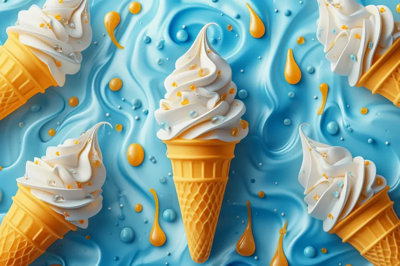 Вкусное мороженое в рожке с каплями воды на синем фоне, 3D-иллюстрация