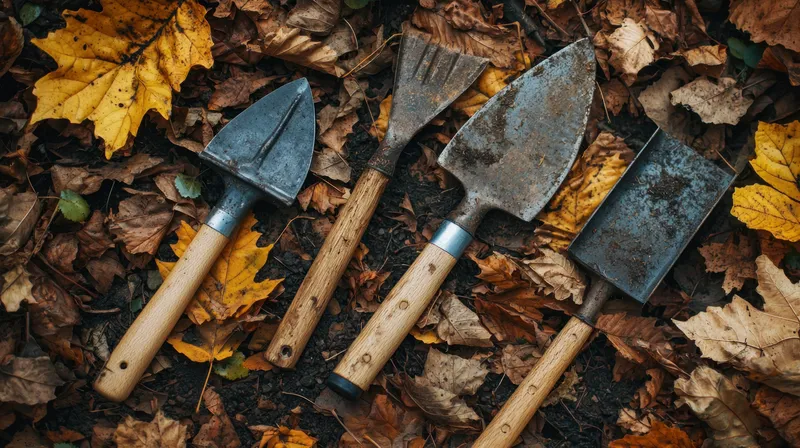 Коллекция из четырех садовых инструментов, покоящихся на ярких осенних листьях, передающая безмятежное настроение на открытом воздухе