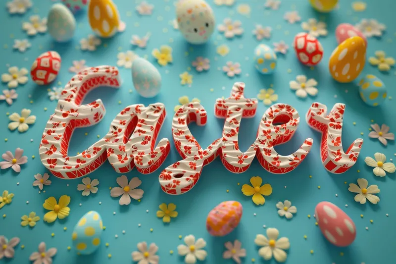 Пасхальное торжество: разноцветные яйца и цветы окружают слово Easter на синем фоне