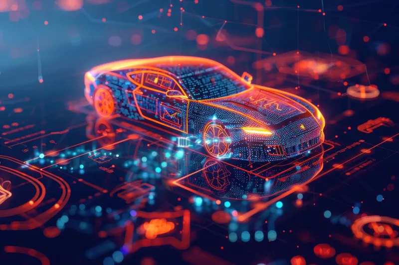Высокотехнологичное изображение автомобиля, спроецированное в неоновых цветах на тёмном технологическом фоне