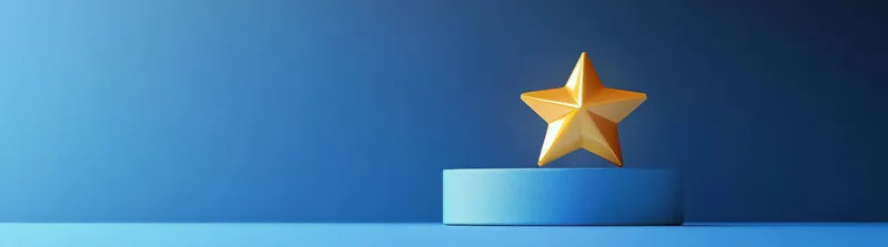 Это поразительное изображение представляет собой золотую звезду на светло-голубом подиуме, символизирующую успех и достижение