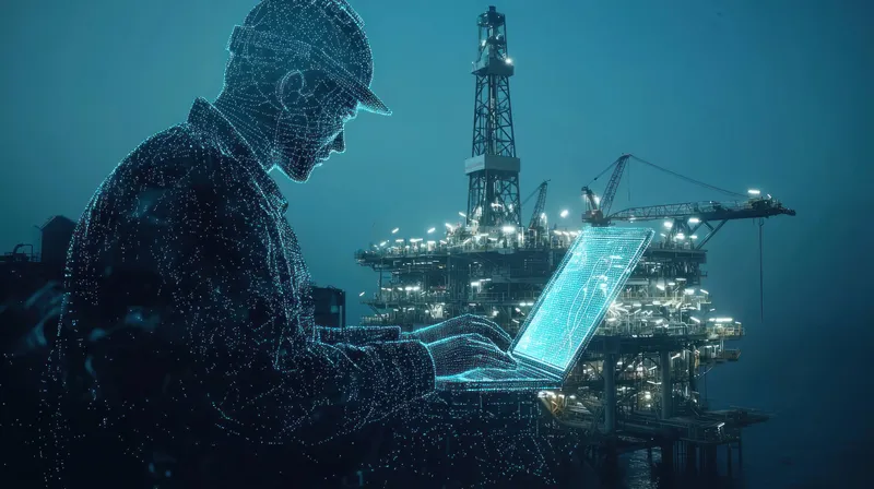 Инженер работает с ноутбуком на морской нефтяной платформе, сочетая современные технологии и инженерию в нефтяной промышленности, подчеркивая инновации и командную работу