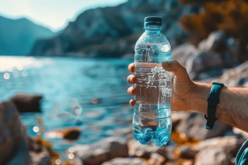 Живописный вид: человек держит бутылку воды на фоне гор и водоема