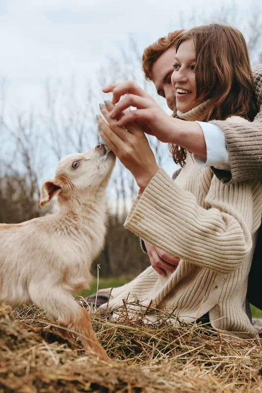Adults feed a playful goat kid outdoors, capturing a wholesome family moment in natural light, emphasizing interaction, care, and a relaxed lifestyle. Family connection resonates with nature
