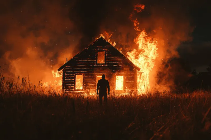 Впечатляющее изображение фигуры в silhouette на фоне огненного горящего дома, вызывающее эмоции страха и отчаяния в мрачной обстановке
