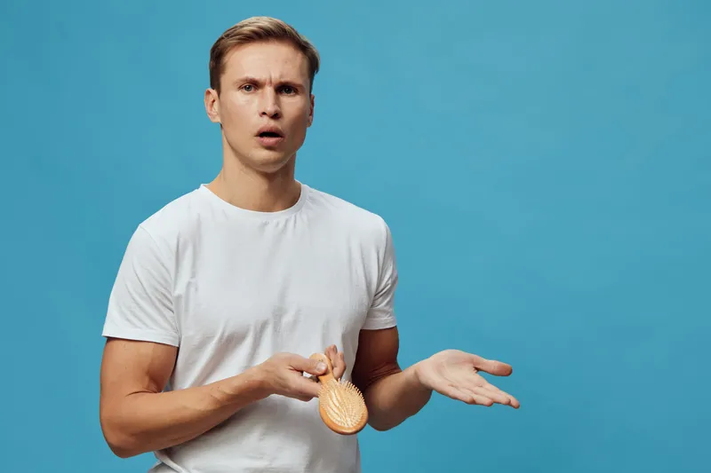 Young surprised man with casual white t-shirt holding a round sponge or scrub brush, expressing confusion or inquiry, set against a vibrant solid blue background, studio shot, lifestyle concept.