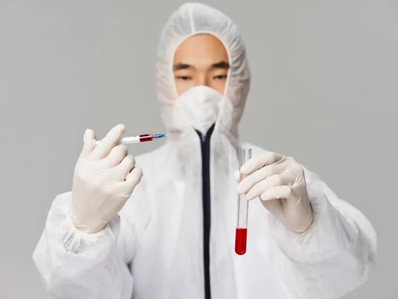 Лаборант мужского пола в защитной медицинской одежде занимается исследованиями и разработкой лекарств