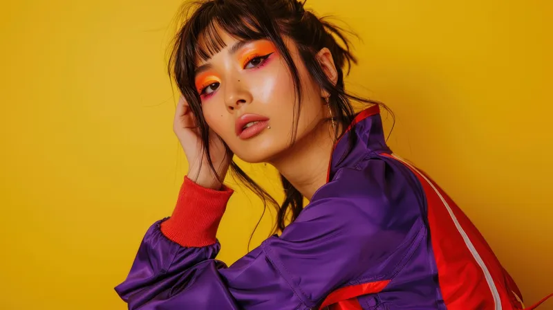 Стильная азиатская женщина в фиолетовой куртке и с оранжевыми тенями для век позирует на желтом фоне