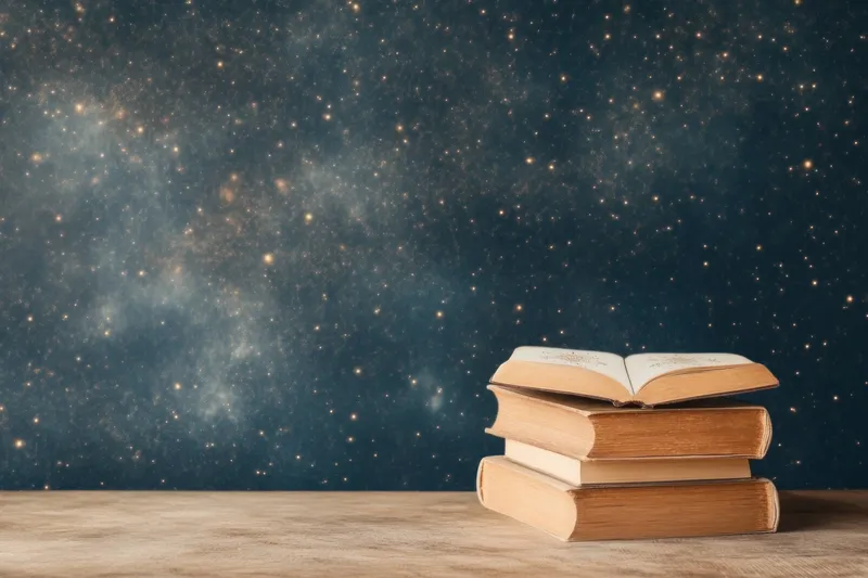 Стопка винтажных книг, одна из которых открыта, расположенная на деревянной поверхности на фоне звездного неба, символизирующая знания, исследования и обучение