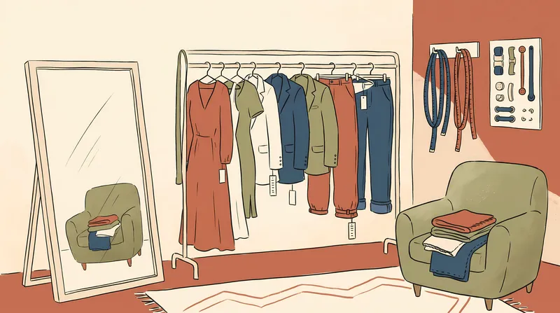 Нарисованная от руки модная сцена с разнообразными посадками одежды, инструментами для стилизации и бутиковыми деталями, поддерживающая идею инклюзивных размеров и разнообразия телосложения