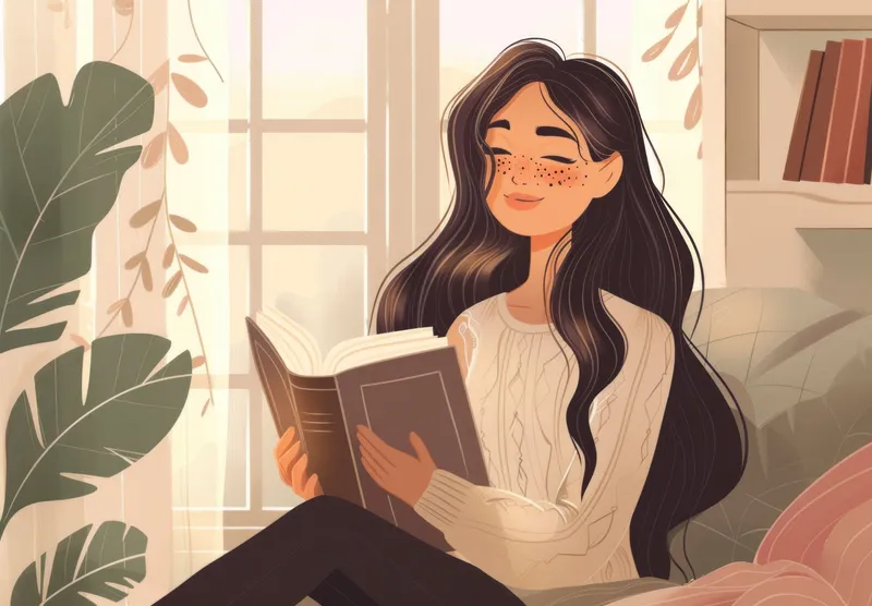 Безмятежная иллюстрация девушки, наслаждающейся книгой, сидя у окна в окружении растений