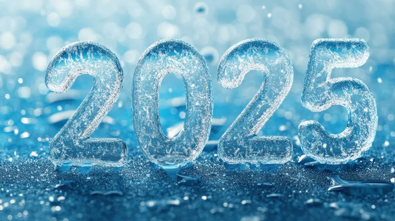 Мерцающие ледяные цифры «2025», расположенные на отражающей синей поверхности в окружении сверкающих капель воды, создают яркую новогоднюю атмосферу