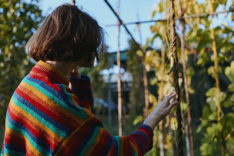 Woman in a colorful striped sweater touching a garden vine, short hair bob and casual outfit in a backyard trellis at golden hour, contemplative lifestyle and fashion portrait.