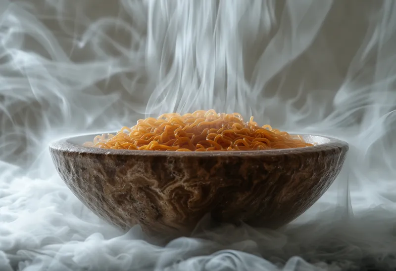 Вкусная еда в дымящейся миске на столе, с поднимающимся над блюдом туманом