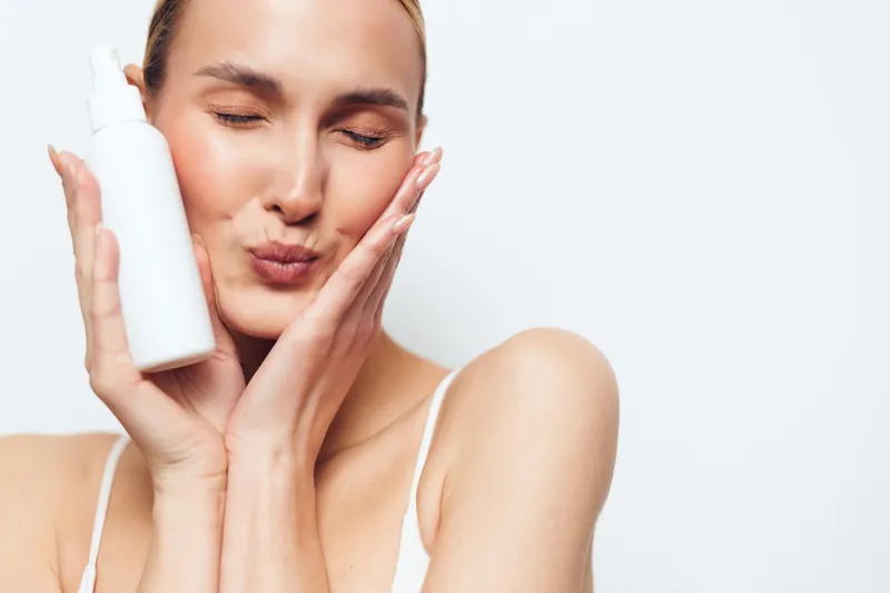 Young woman with clean skin holding white cosmetic bottle near face, eyes closed, expressing skincare routine, minimal makeup, soft lighting, plain background, beauty concept